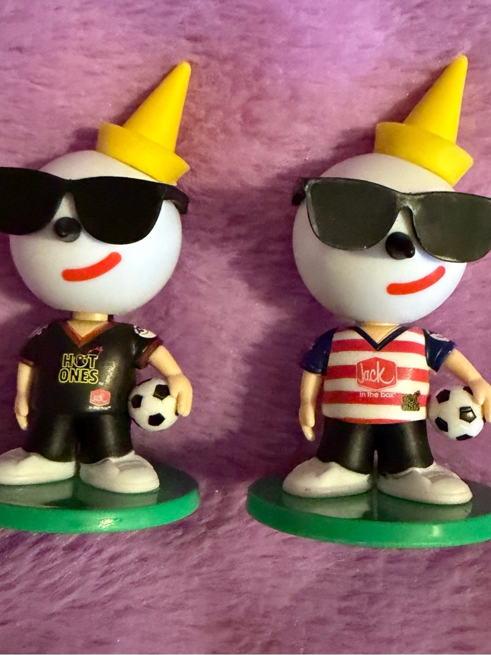 Jack In The Box Hot Ones Soccer and USA Bobblehead Set with Yellow Cone Hats New